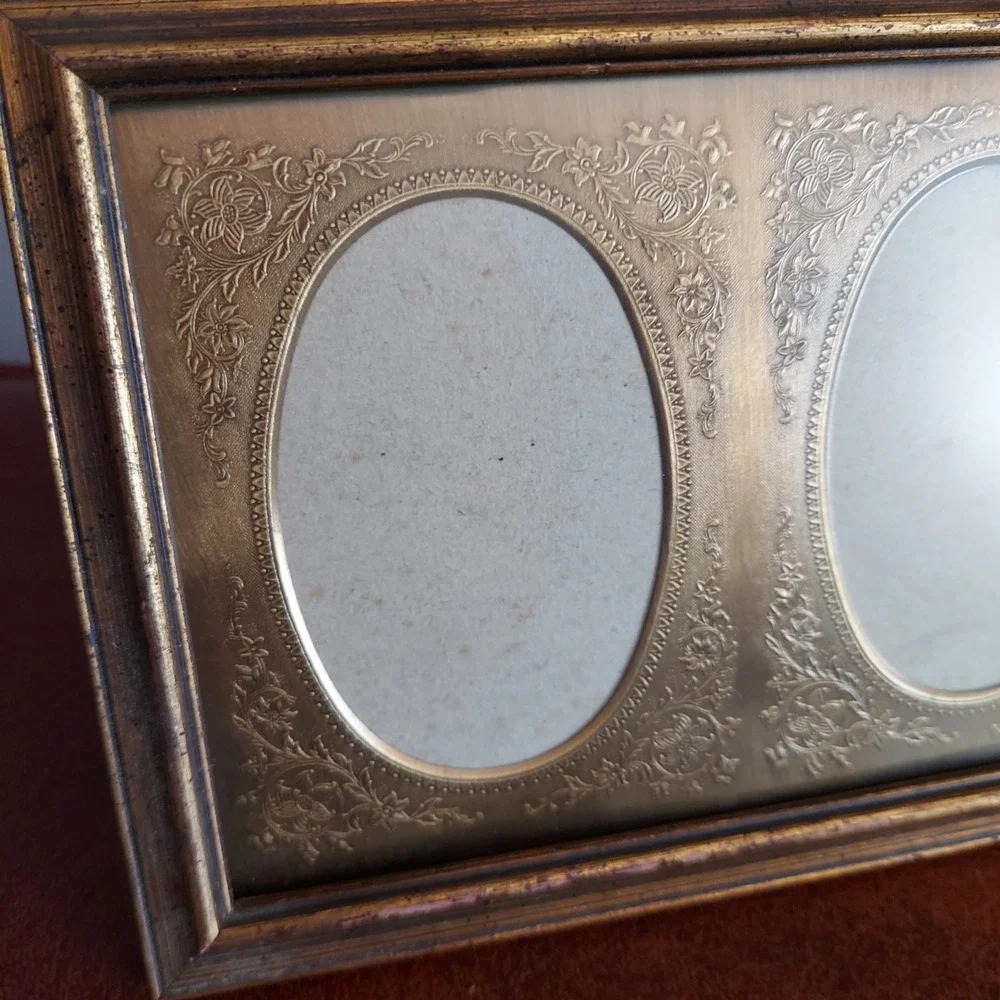 Vintage Gold Double Oval Photo Frame Ornate Floral Embossed Tabletop 5.5x7.75